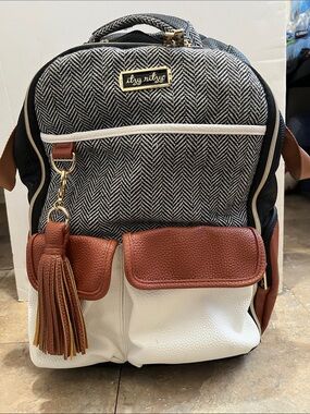 Itzy Ritzy Black Herringbone, White & Brown Diaper Backpack